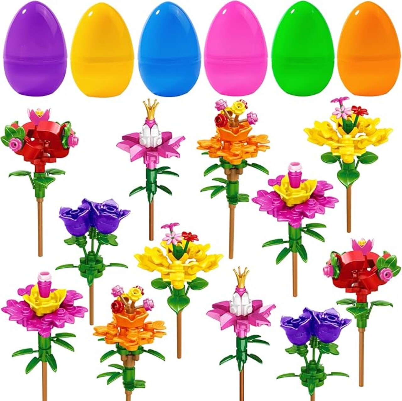 12PCS Easter Flower Building Blocks with Easter Eggs Toys Building Brick Blocks for Party Favor Easter Basket Stuffers Toys Stacking Block Sets for Kids Adults Classroom Prizes Gifts